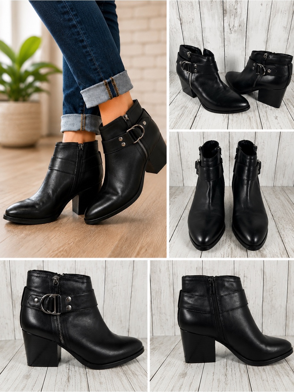 Marc Fisher Vanqar Black Leather Ankle Boots Buckle Zip Block Heel 9 CLEAN